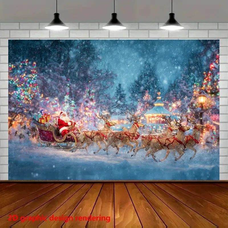 Christmas Eve reindeer sledding Hanging Cloth: Bright Lanterns and happy holy driving in the dreamy snow scene Background cloth