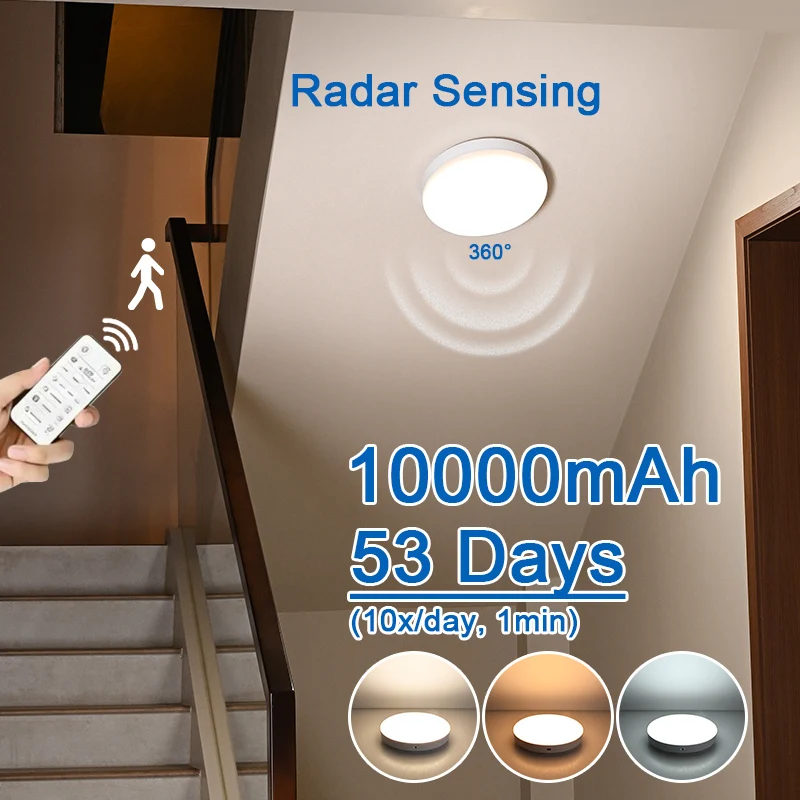 10000mAh Radarbasierter Bewegungssensor Deckenleuchte Kabellose LED-Leuchte Dauerlichtmodus Einstellbare Farbtemperatur Lampe für die Dusche