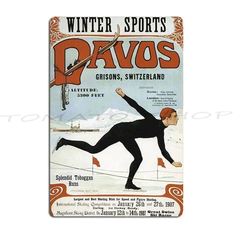Winter In Davos Vintage Ice Skating Travel  Circa 1914 Metal Plaque Poster Wall Pub Cave Plates Club Print  Tin Sign Poster