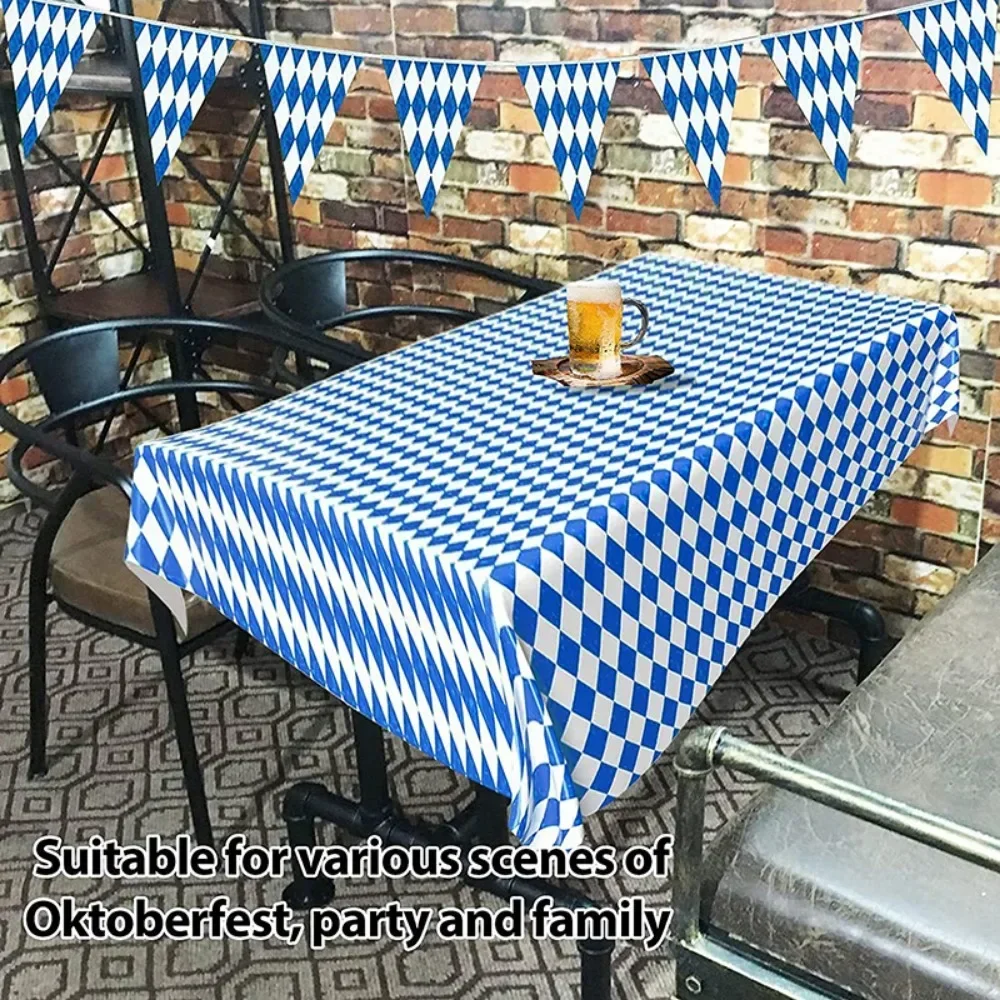 Oktoberfest Tablecloth Plastic Waterproof Bavarian Flag Blue and White Plaid Tablecloth German Theme Party Welcome Banner