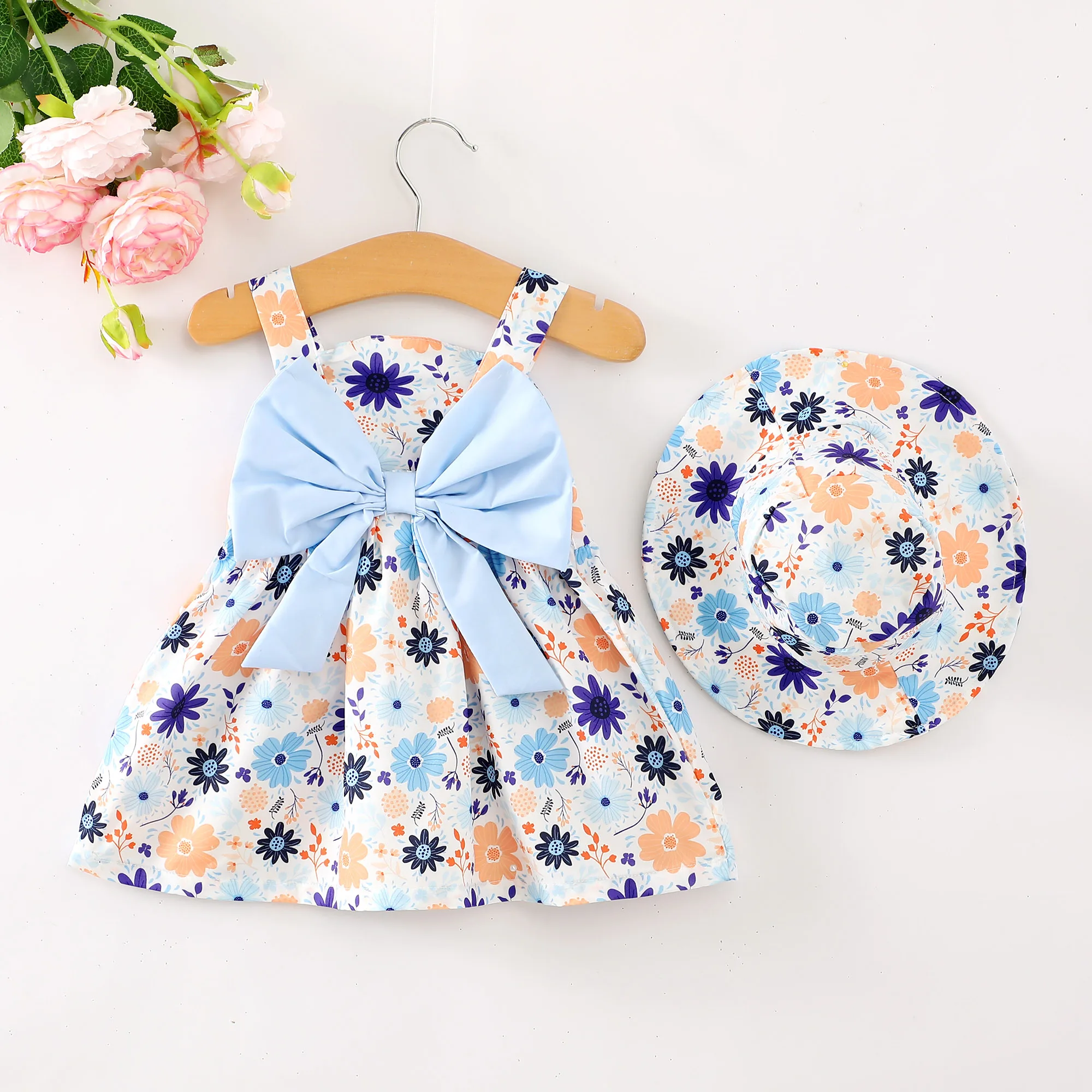 4 Color /2PCS Dress Clothes Set Baby Girl Flower Sleeveless Dress with Bow+Hat Summer Fashion Cute Wear for Toddlers Age 0-3