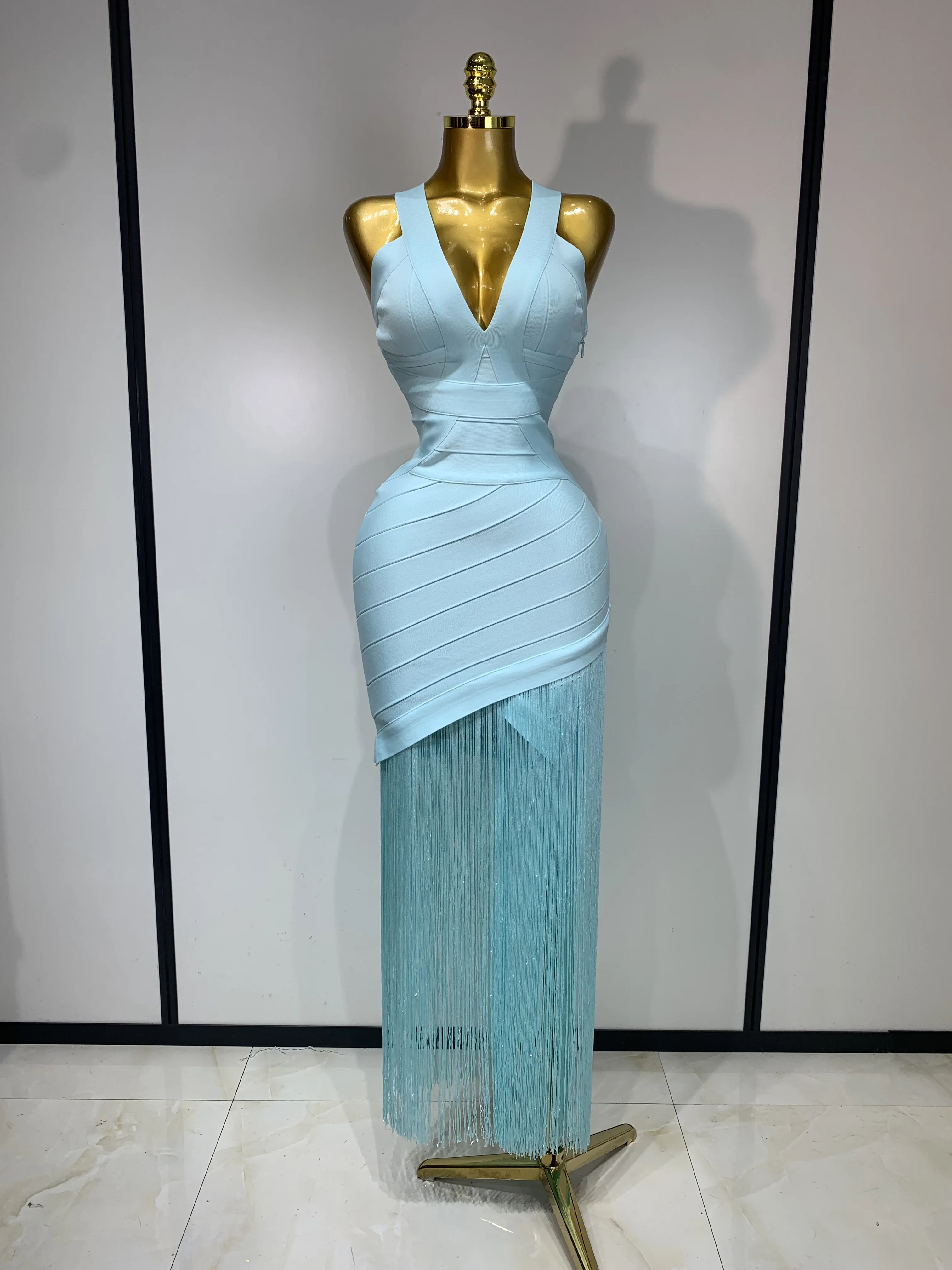 Vestido de Fiesta Elegante para Mujer, sin Mangas, Sexy, con Cuello en V, con Borlas, Ajustado, de Alta Calidad, para Celebridades, para Fiestas Nocturnas, Cumpleaños