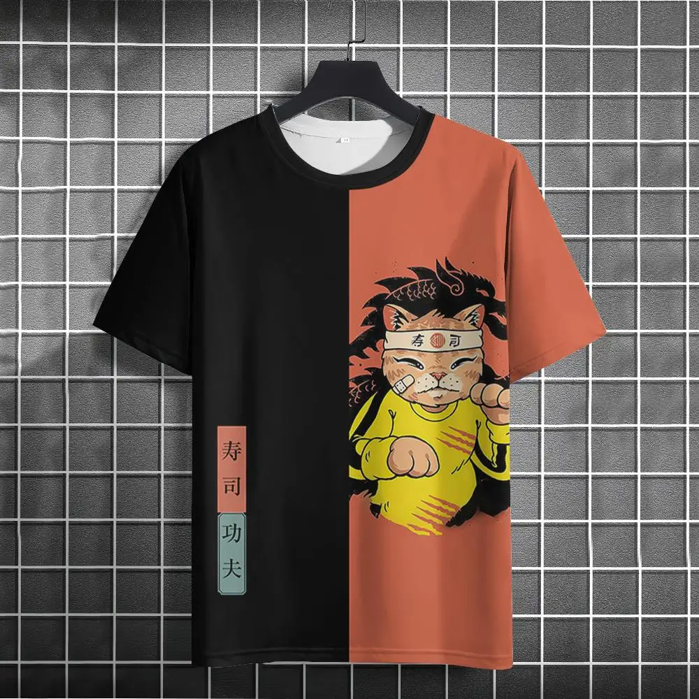 Cartoon Cat Japanese Samurai Cat T Shirt uomo Street Animal 3d Print maniche corte Anime maglietta da uomo oversize Casual Top Tee