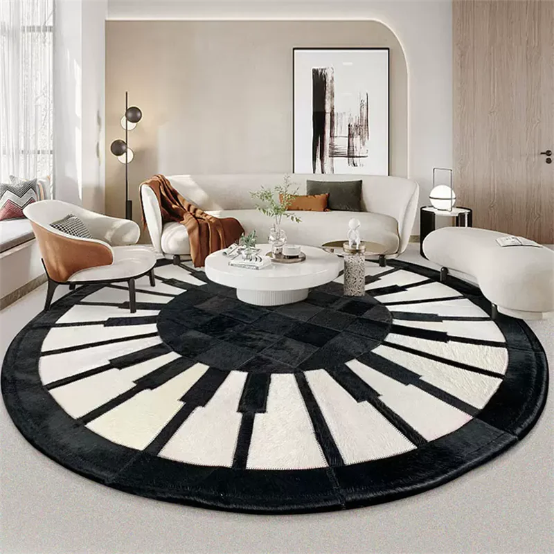 

Creative Piano Cowhide Round Carpet For Bedroom Handmade Splicing Rugs Living Room Retro Black White Sofa Coffee Table Floor Mat