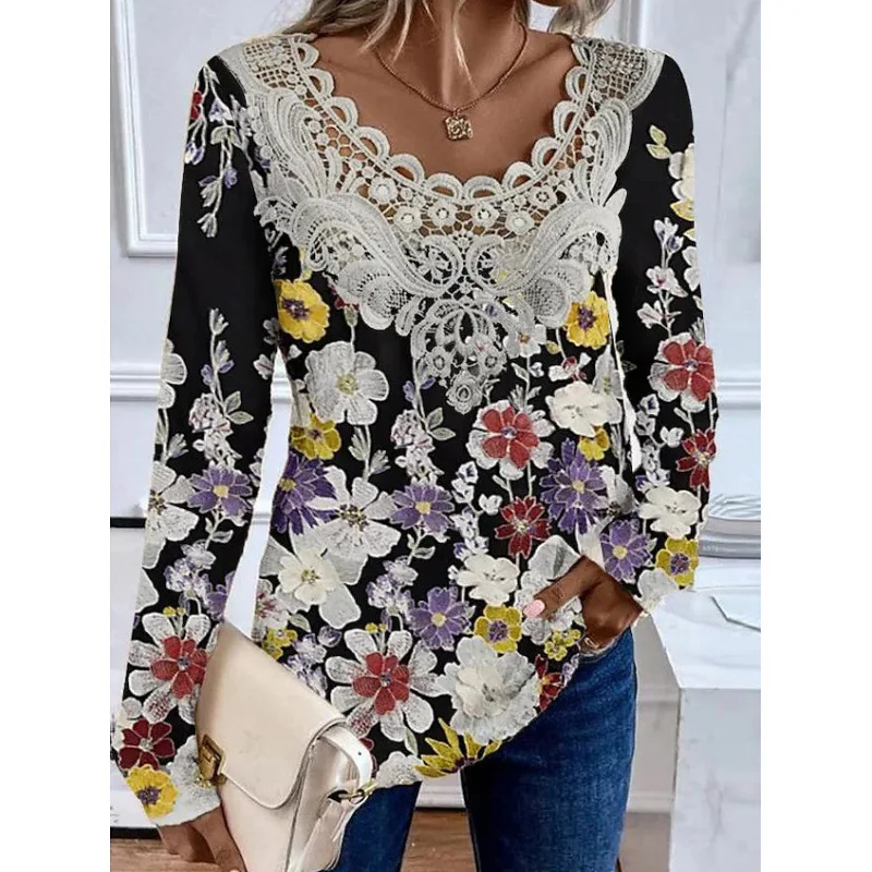 T-Shirt Damen 2026 Mode Neu Lässiger Rundhals Langarm-Pullover Bedrucktes T-Shirt Spitzen-Patchwork T-Shirt Damenbekleidung