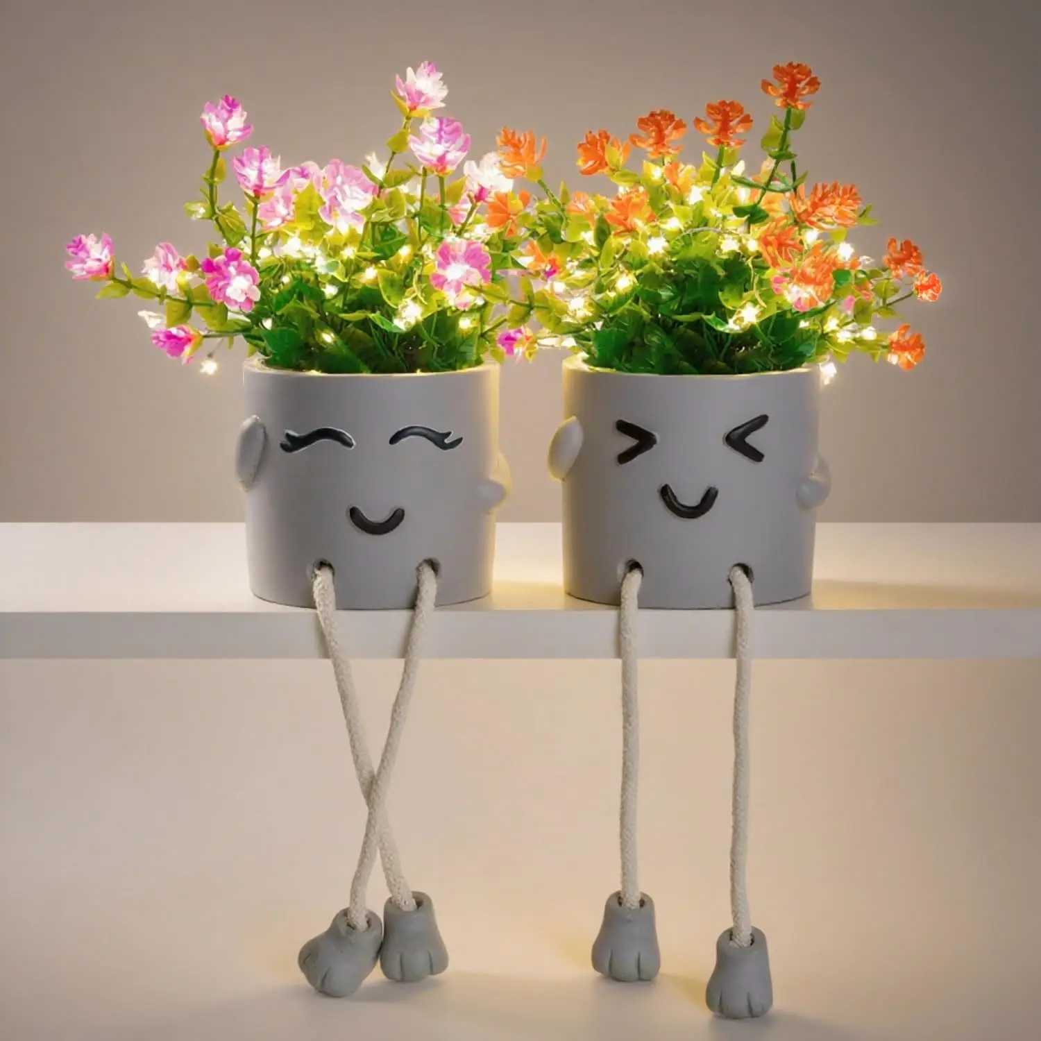 

Cute Fake Plants with String Lights, Artificial Desk & Shelf Decor for Office, Bathroom, Window Sill – Ideal Gift for Women