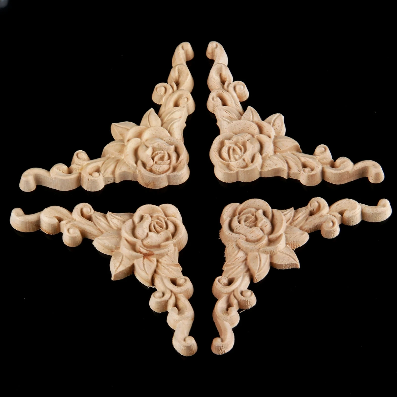 4pcs Rose Pattern Wood Appliques Onlays for Furniture Handmade Carved Corner Decor for Home Wall Door Cabinet Door Cabinet 8x8cm