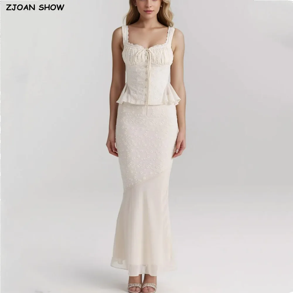 Sexy High Waist Apricot Embroidery Mermaid Skirt Women Spliced Chiffon Slit Hem Package Hips Maxi Long Fishtail Skirt