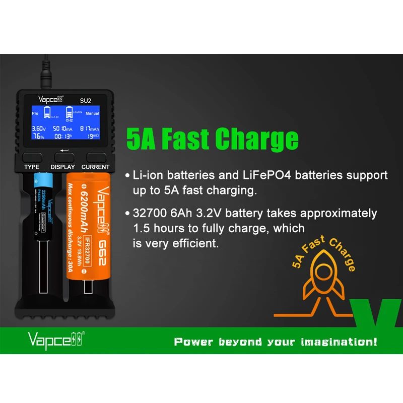 Original New Vapcell SU2 Smart Charger 2 Slots 12V 2.5A Fast Charger for Rechargeable 18650 21700 26650 26800 Lithium Battery