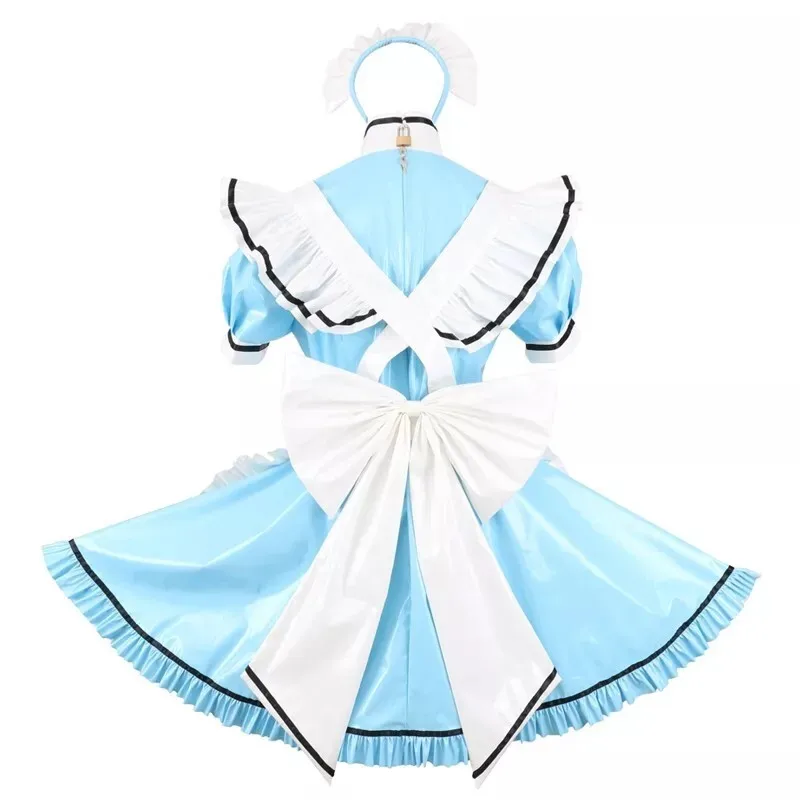 Costume cosplay da cameriera francese sissy sexy in PVC blu con bordo arricciato con serratura personalizzabile
