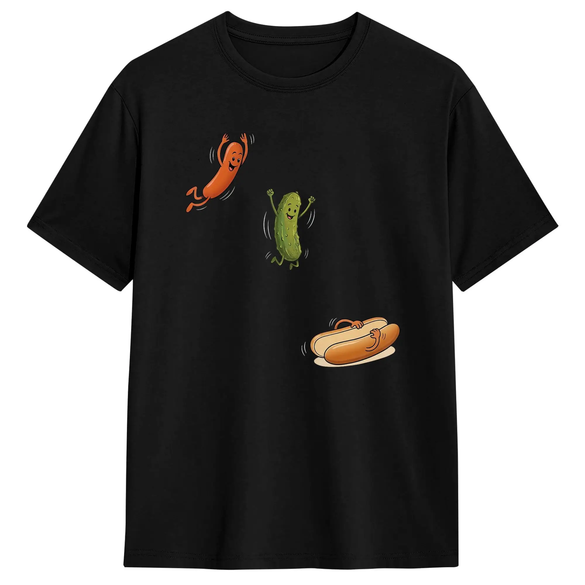 Funny Pickle and Hot Dog Jumping Into Bun Meme T Shirt Men Pure Cotton Amazing T-Shirts Round Collar Tees Short Sleeve Clothes