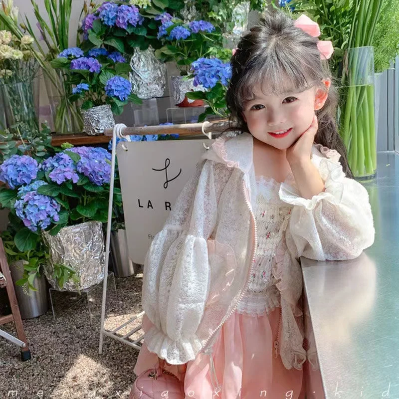 Summer Fashion Lightweight Floral Lovely Baby Girls Drawstring Coats Hooded Full Zip Kids Sun Suit Top Jackets For 1-10 Years