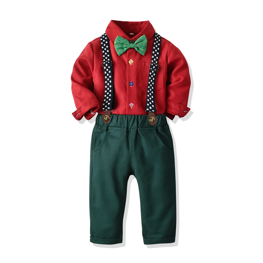 Autumn and winter children\'s clothing set boys\' long sleeved plaid shirt suspenders Christmas Eve clothes