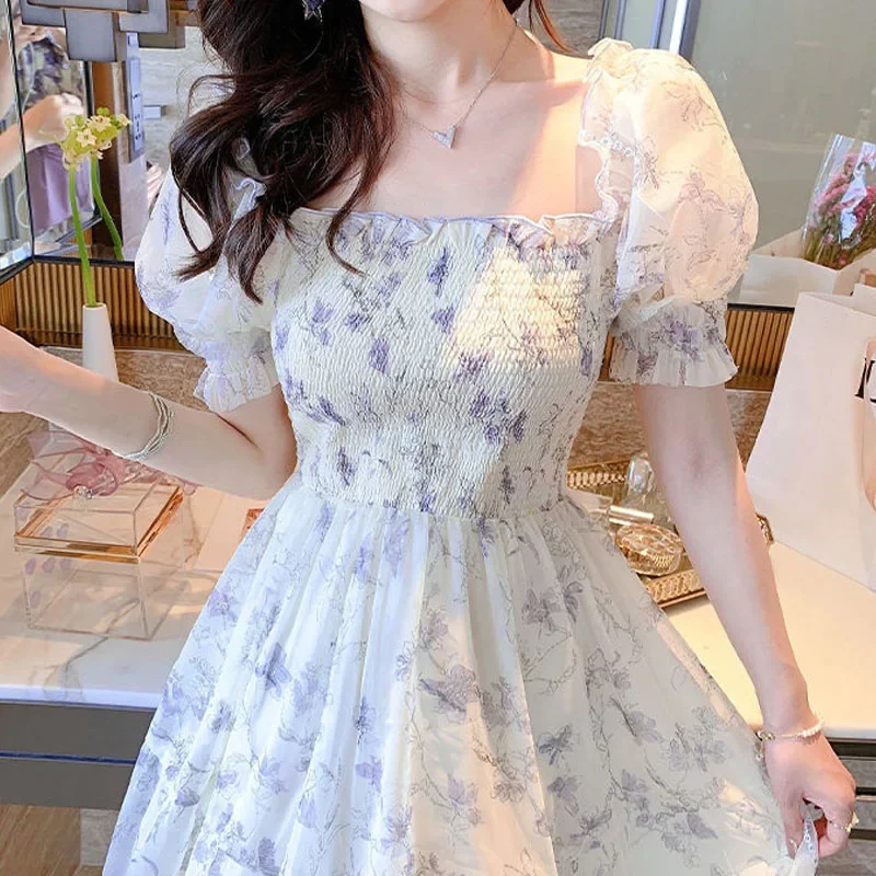 New Casual Floral Print Party Dress Summer Clothing Holiday Vestidos Elegant Sweet Short Sleeve Chiffon Long Dress 20044