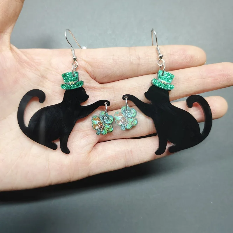 St. Patrick's Day Earings Acrylic Irish Shamrock Hat Black Cat Green Clover Dangle Earrings for Women Girls Party Jewelry Gift