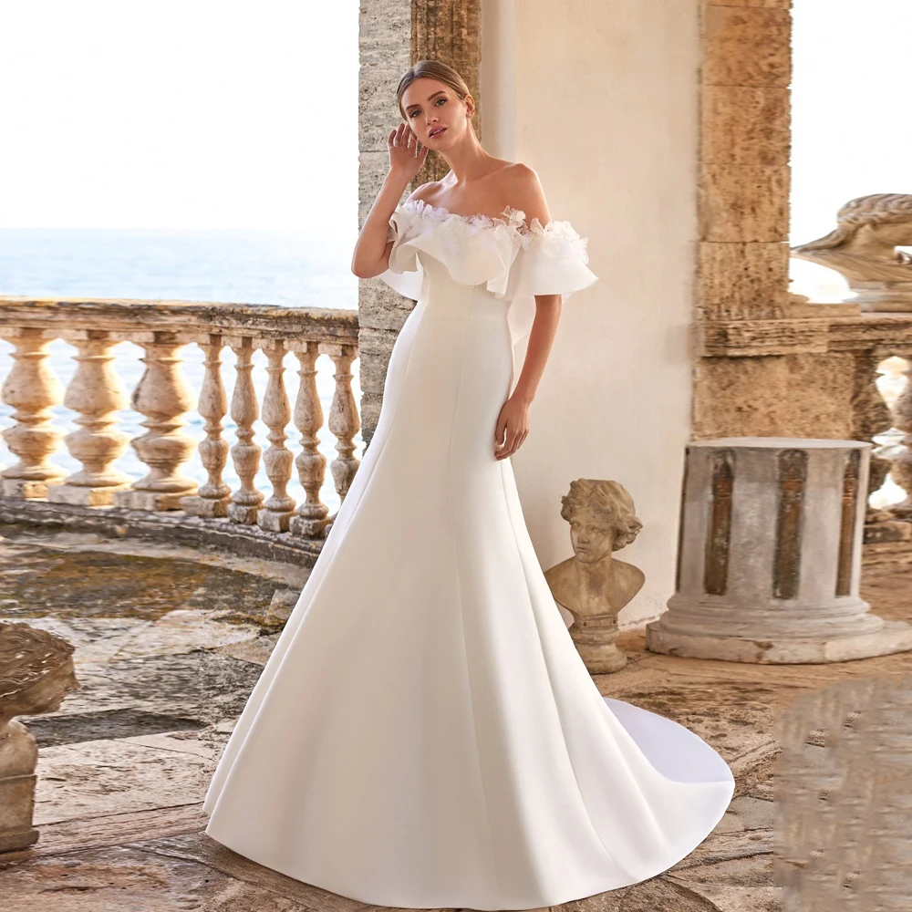 فساتين زفاف كلاسيكية مخصصة بدون أكتاف رقبة قارب بدون أكمام فساتين زفاف زهور طول الأرض حورية البحر فيستدوس دي نوفيا