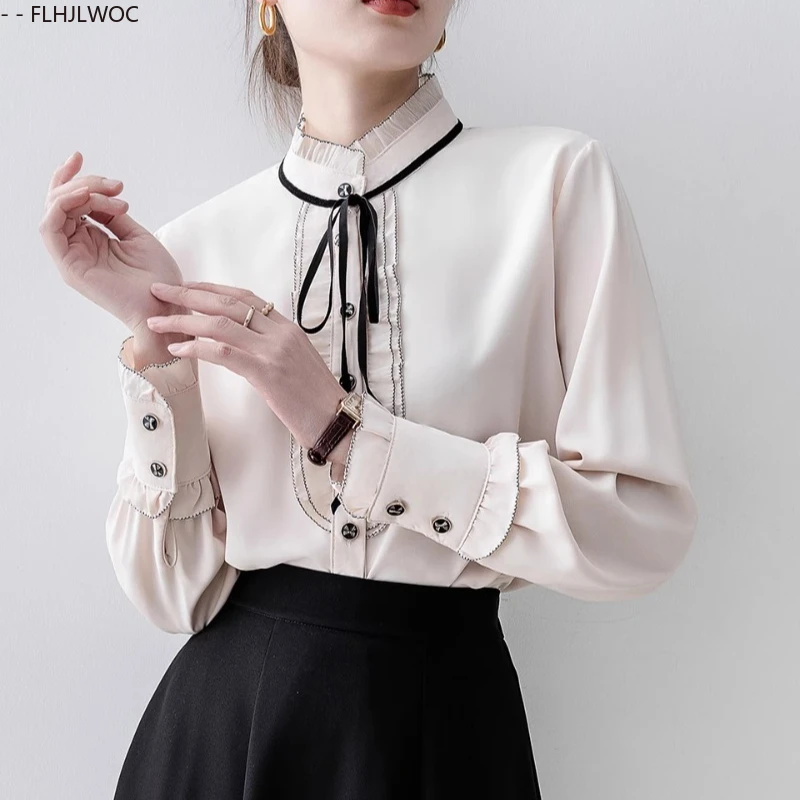 フリル付きレディースブラウス　2025年秋新作　キュートでスイートな女の子向け　プレッピースタイル　レースアップ　蝶ネクタイ　フォーマル　オフィスレディー　ベーシックシャツ