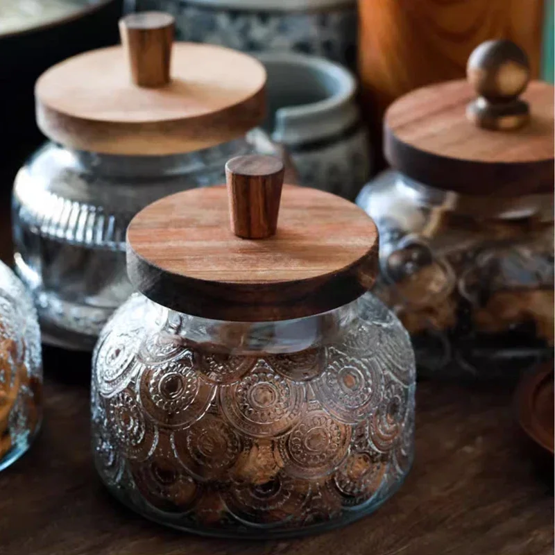 Retro Embossed Haitang Pattern Storage Jar Wooden Cover Box Storage Kitchen Household Miscellaneous Grains Snacks Jar