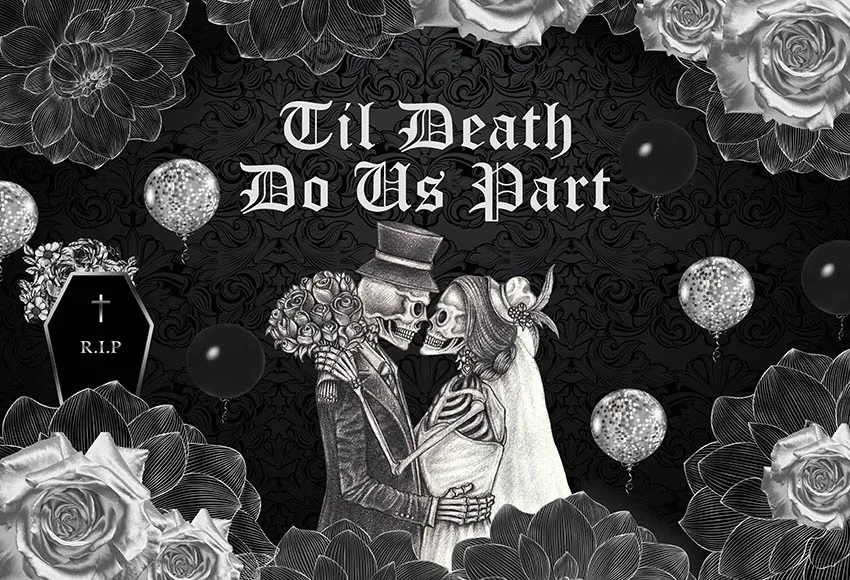 Gothic Wedding Skeleton Backdrop Till Death Do Us Part Couple Engagement Party Portrait Halloween Skull Vintage Flower Supply