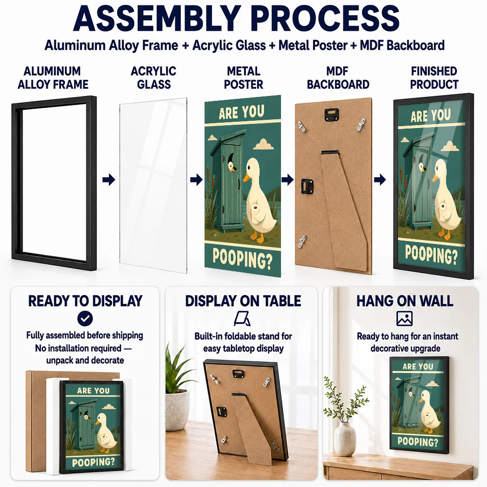 Funny Duck Outhouse Metal Poster With Aluminum Alloy Frame Customized Comic Style Wall Art For Bathroom Beside Vanity Mirror