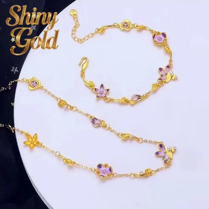 

Набор украшений ShinyGoldLight Luxury: браслет и ожерелье из настоящего золота 9999 пробы (24K) с жемчугом и эмалью, дизайн «Сад Моне»