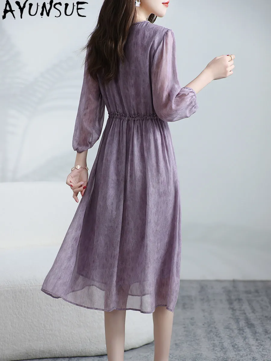 AYUNSUE 100% natural Mulberry Silk Womens Dresses Elegant Dress for Women Clothes Sweet Summer Dress Платье Женское Double Layer