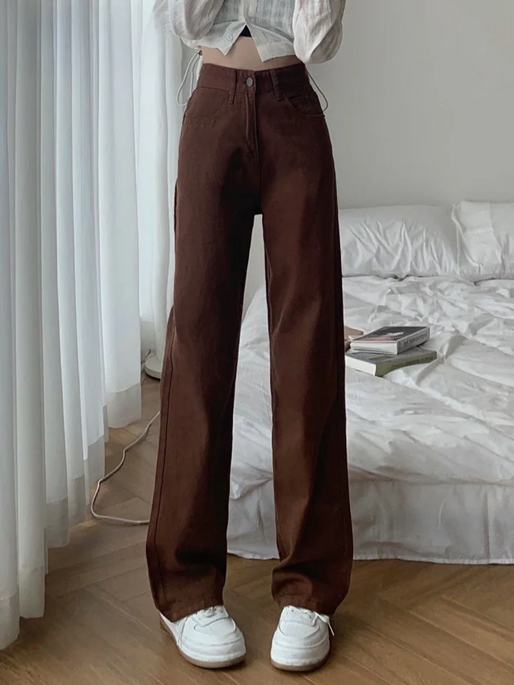 

Cotvotee коричневые джинсы с высокой талией для женщин, прямые широкие брюки, повседневные удобные женские джинсовые брюки