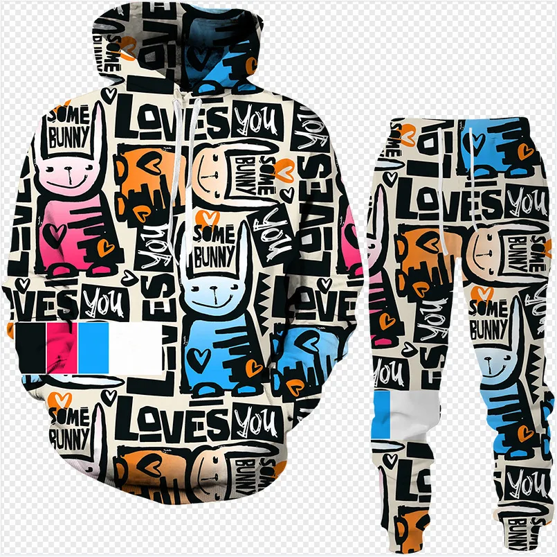 3D Cartoon Hand Drawn Graffiti Print Men\'s Hoodie Suit Casual Street Tracksuit Pants 2pcs Sets Personality Kid Sweatshirt Outfit