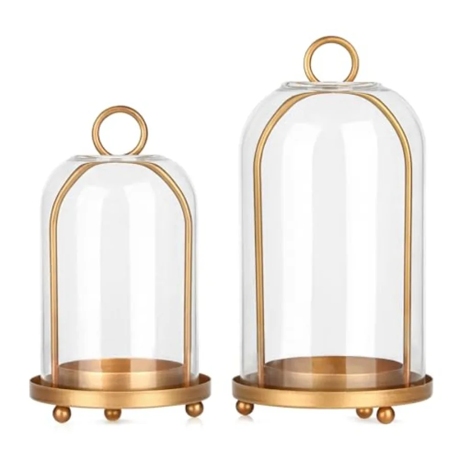 

Vintage Brass Metal Candle Lantern with Thick Glass Dome Set of 2 Shabby Chic Style Candle Holders 5.25"x10" and 4.5"x7.87" Han