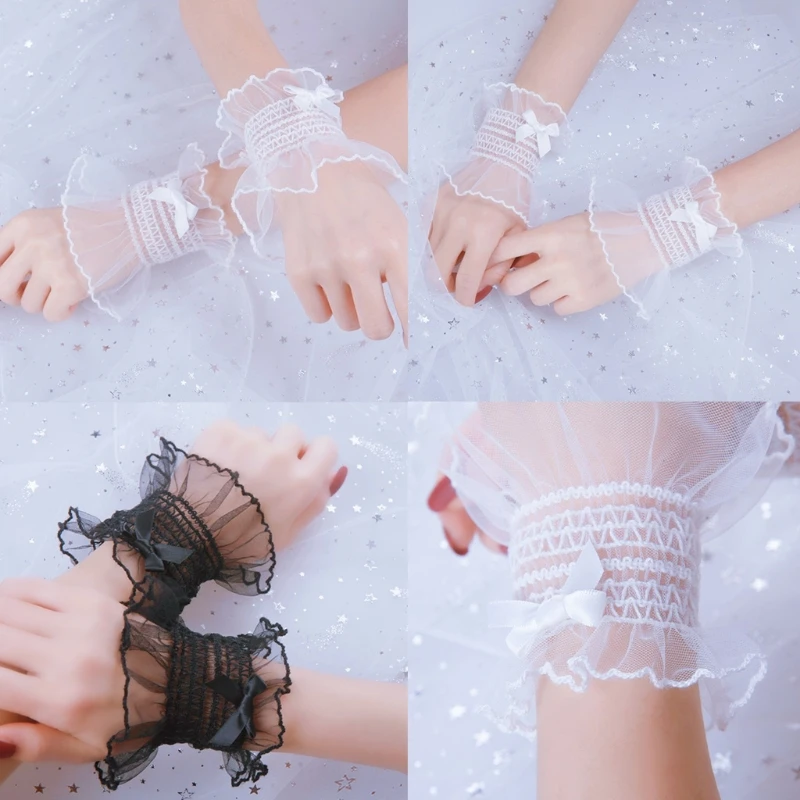 Sweet Shirred Wrist Cuffs Solid Color Ruffled Lace Bow Wristband Sleeves
