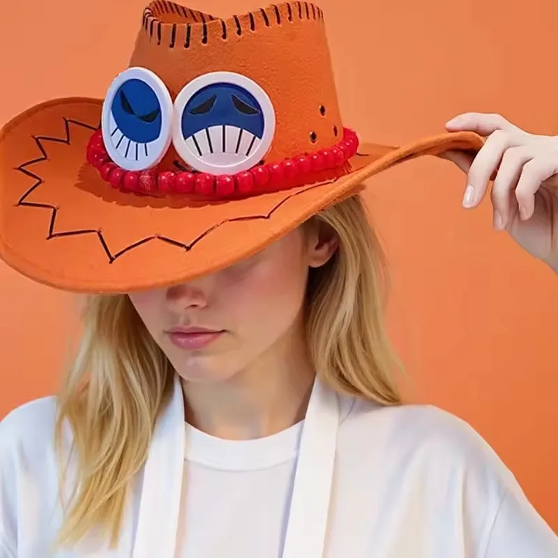 Nuovo arrivo Anime Ace Cappelli Cosplay Unisex Rufy Ace Arancione LED Berretto da cowboy per adulti Carnevale di Halloween Accessori Cosplay