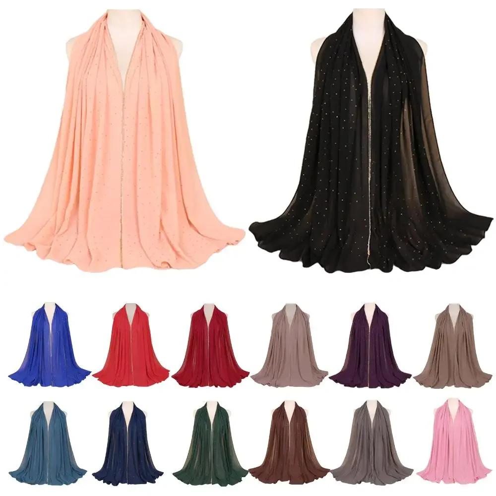 Muslim Women Plain Rhinestone Chiffon Hijab Maxi Scarf Islamic Long Shawl Head Wrap Pashmina Femme Turban Scarves Stoles 19Color