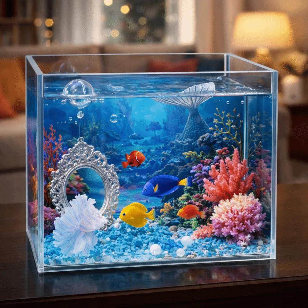 Retro Style Betta Fish Training Mirror Decorative Engraving Teasing Fish Mirror Mini Aquarium Betta Mirror Aquarium Landscaping