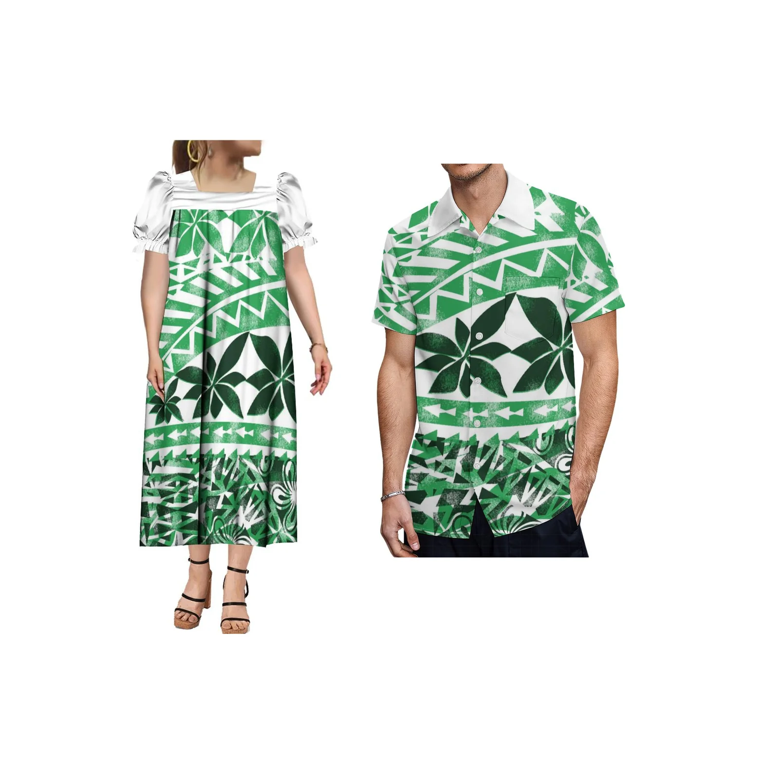 

Samoa Couple Clothing Hot Selling Hawaiian Ethnic Tribal Men's Shirt MUMU Polynesian Women Long Dress Print Customized