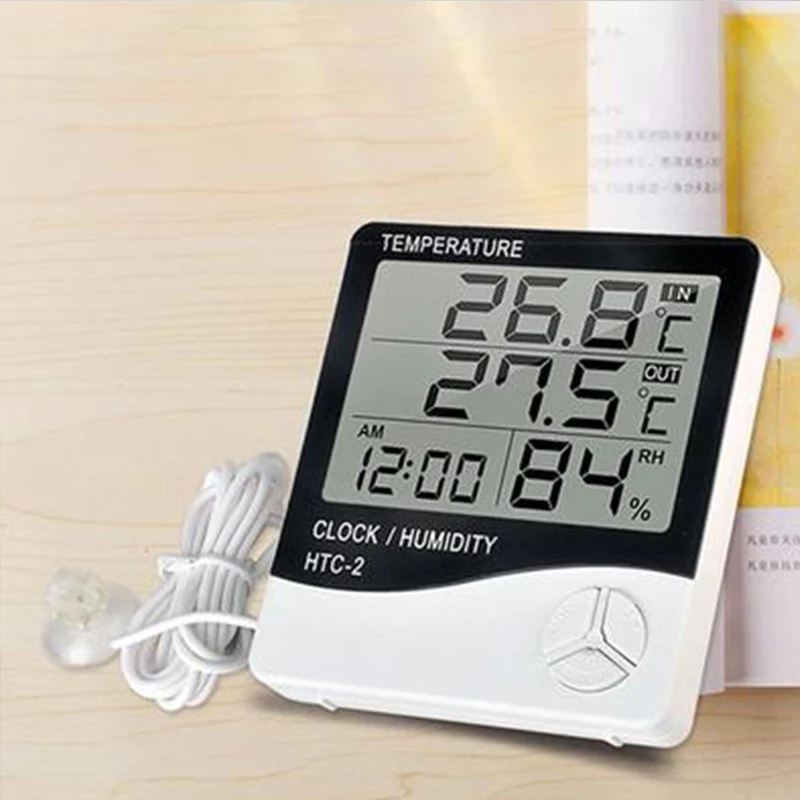 Digital LCD Thermo-hygrometer 1 Piece of Household Indoor and Outdoor Electronic Thermometer, Weather Station with Alarm Clock