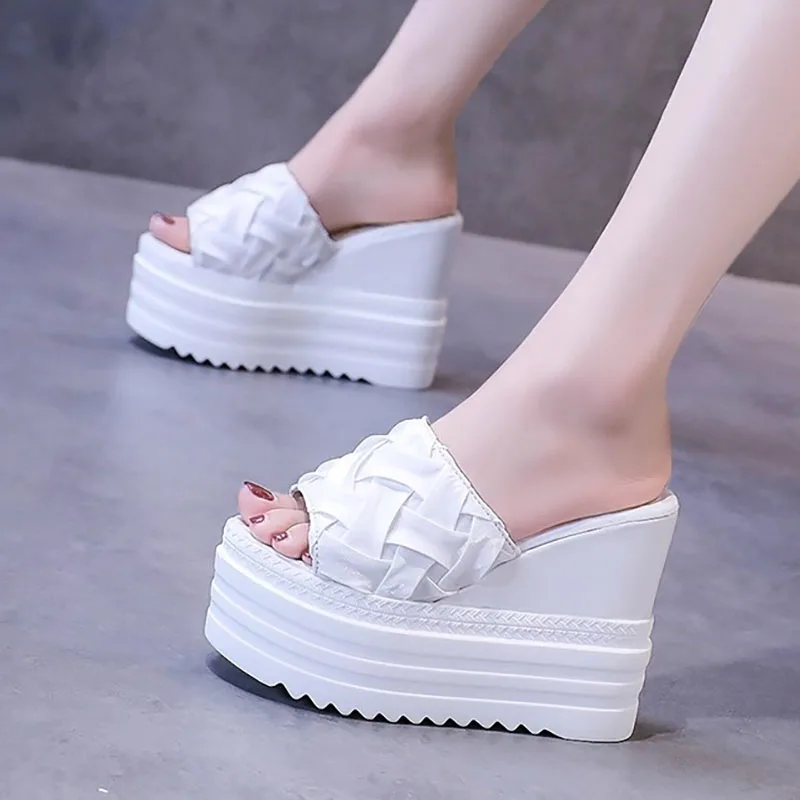 

XMWRLW женские летние тапочки из искусственной кожи, модные женские летние тапочки на высоком каблуке 12 см, женская обувь на танкетке с резиновой подошвой, тапочки