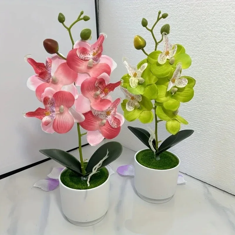 تشكيلة زهور الأوركيد الاصطناعية الفاخرة، نبات صناعي من الحرير الأبيض مع مزهرية لديكور القطعة المركزية للمكتب المنزلي الحديث