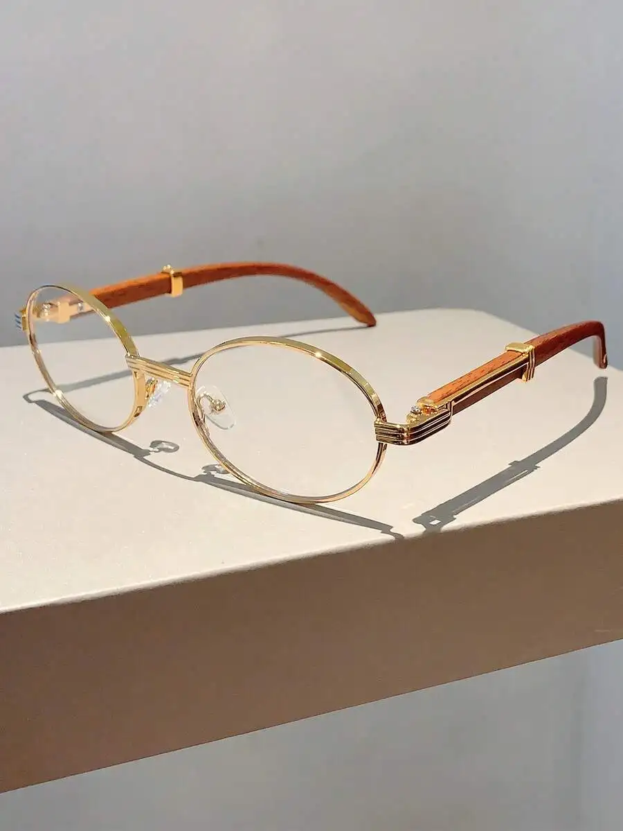 

Vintage Oval Frame Fashion Glasses With Wood Grain Temples For Women Summer Beach Travel Outdoor