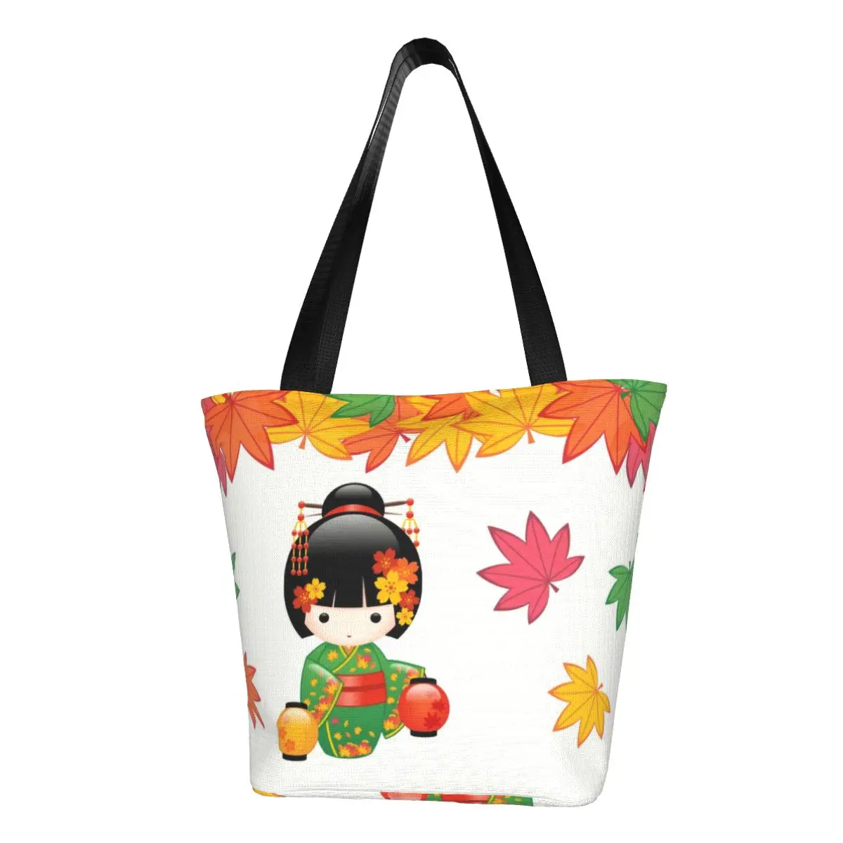 Custom Japanese Fall Kokeshi Doll Shopping Bag Women Shoulder Canvas Tote Bag Portable Cute Geisha Groceries Shopper Bags