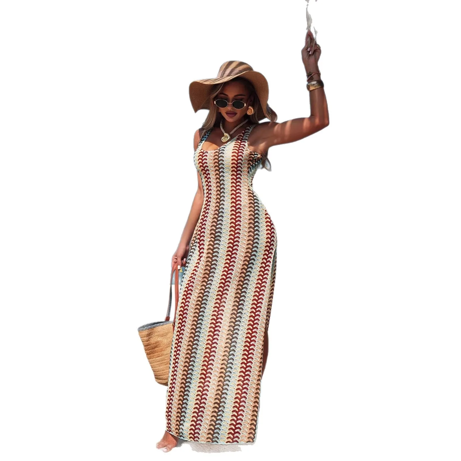 Mid Waist Patterned Dress with Low Neckline Bodycon Fit Casual Streetwear Maxi Length High Waist Bohemian Women Summer Dress