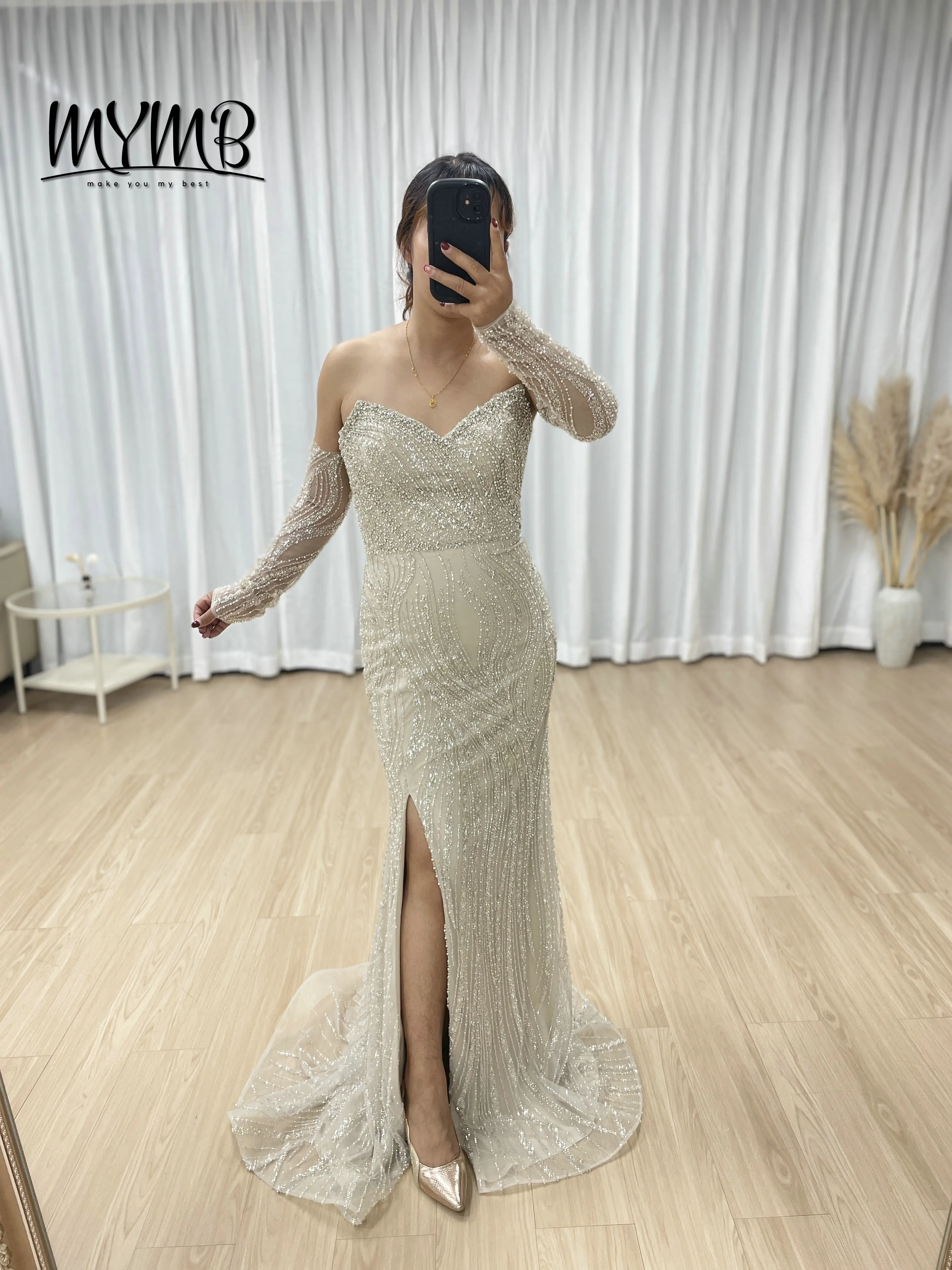 MYMB Beige Exquisite Beaded Lace Luxury Couture Elegant Off the Shoulder Mermaid Banquet Evening Gown With Active Sleeve MB40351