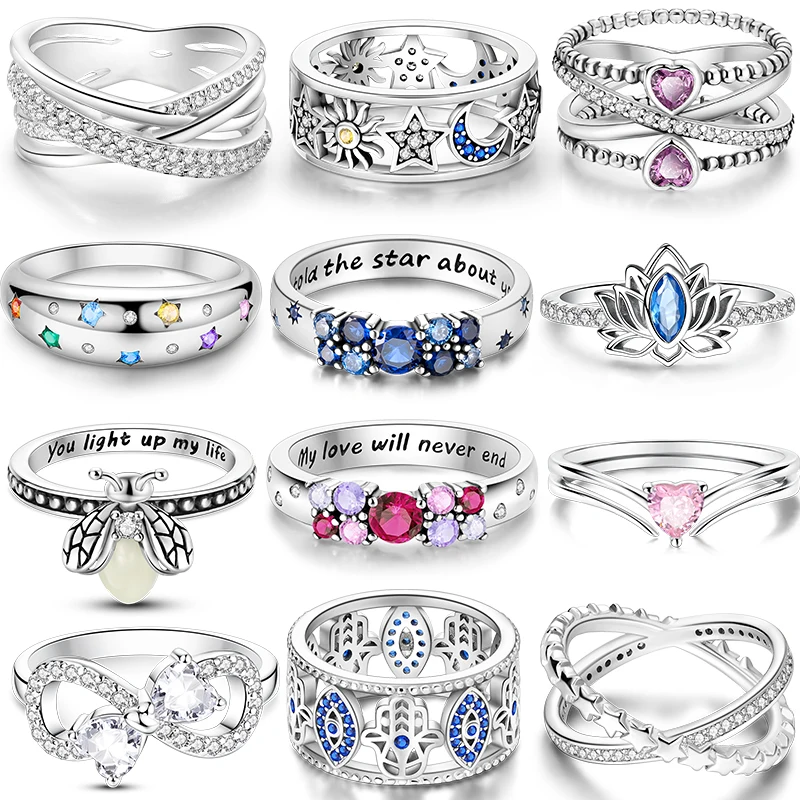 Anillo de plata 925 Original para mujer, corazón, estrella, circonita brillante, joyería de moda para aniversario de compromiso