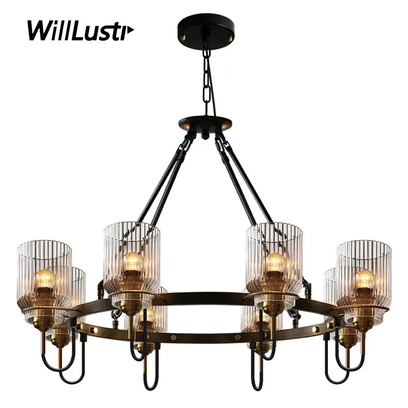 Glass Pendant Lamp Industrial Iron Ring Suspension Light Hotel Store Hall Living Bedroom Dual-Use Hanging Ceiling Chandelier