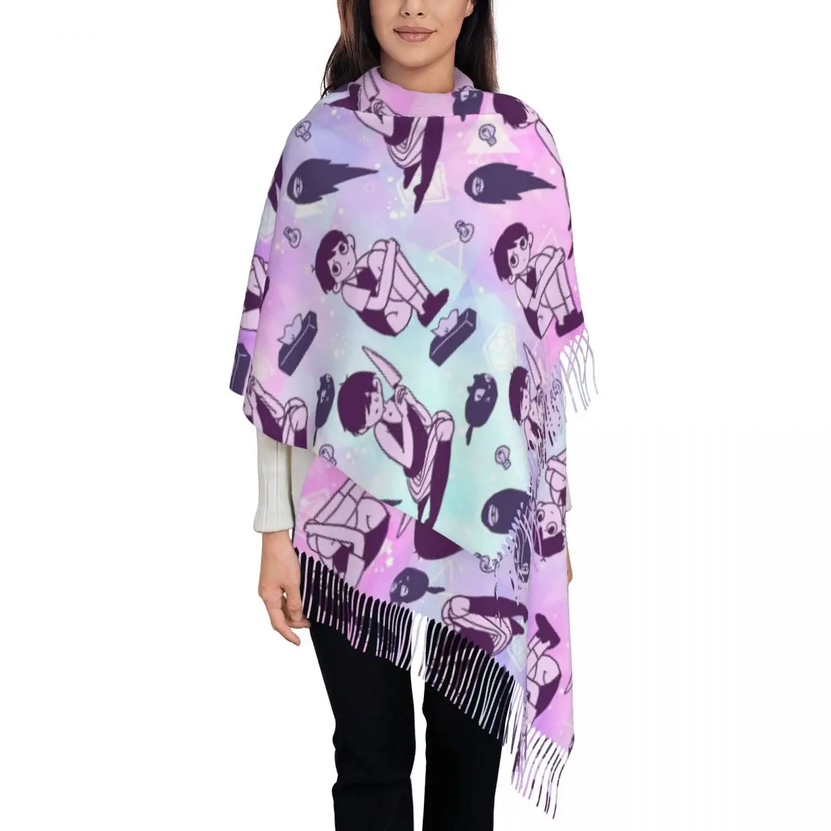 

Sunny Shawl Wrap for Ladies Warm Large Soft Scarf Omori Game Cartoon Neckerchief Tassel Scarves