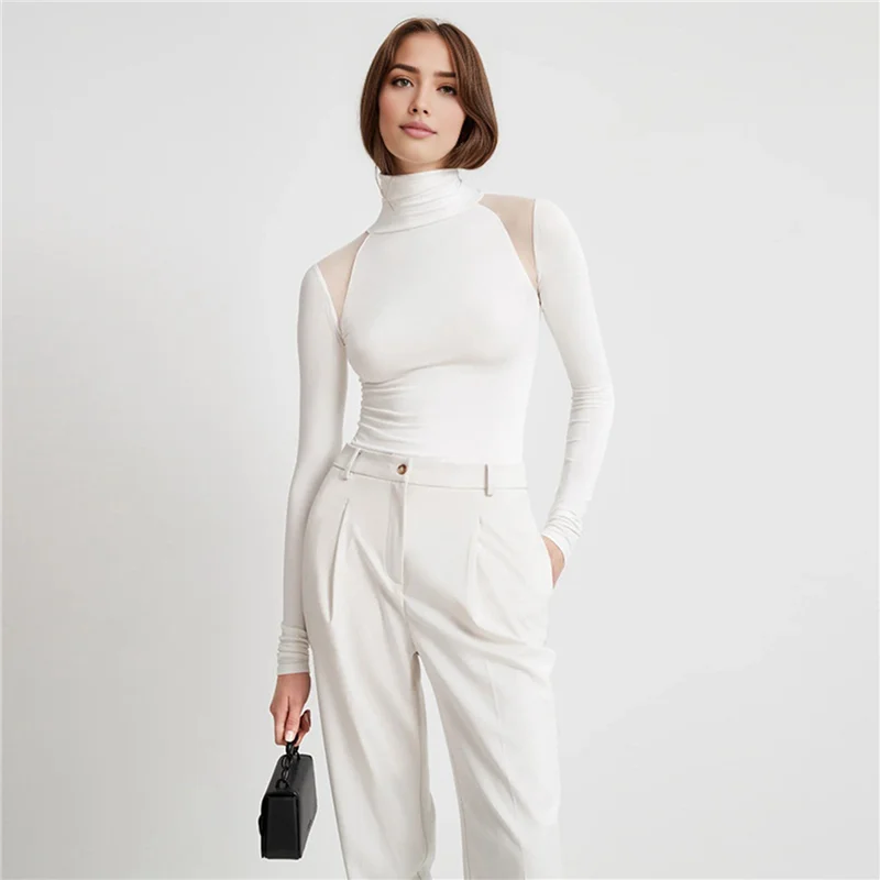 Atasan Lengan Panjang Sambungan Jaring Wanita Bodysuit Tembus Pandang Bodysuit Klub Malam Pesta Putih L-A55G