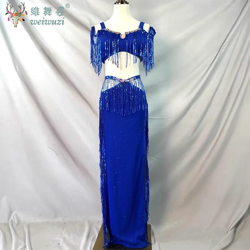 

Бюстгальтер с кисточками и бриллиантами, длинная юбка, одежда для выступлений, костюм, женская одежда для восточных танцев, одежда для соревнований, комплект для танца живота