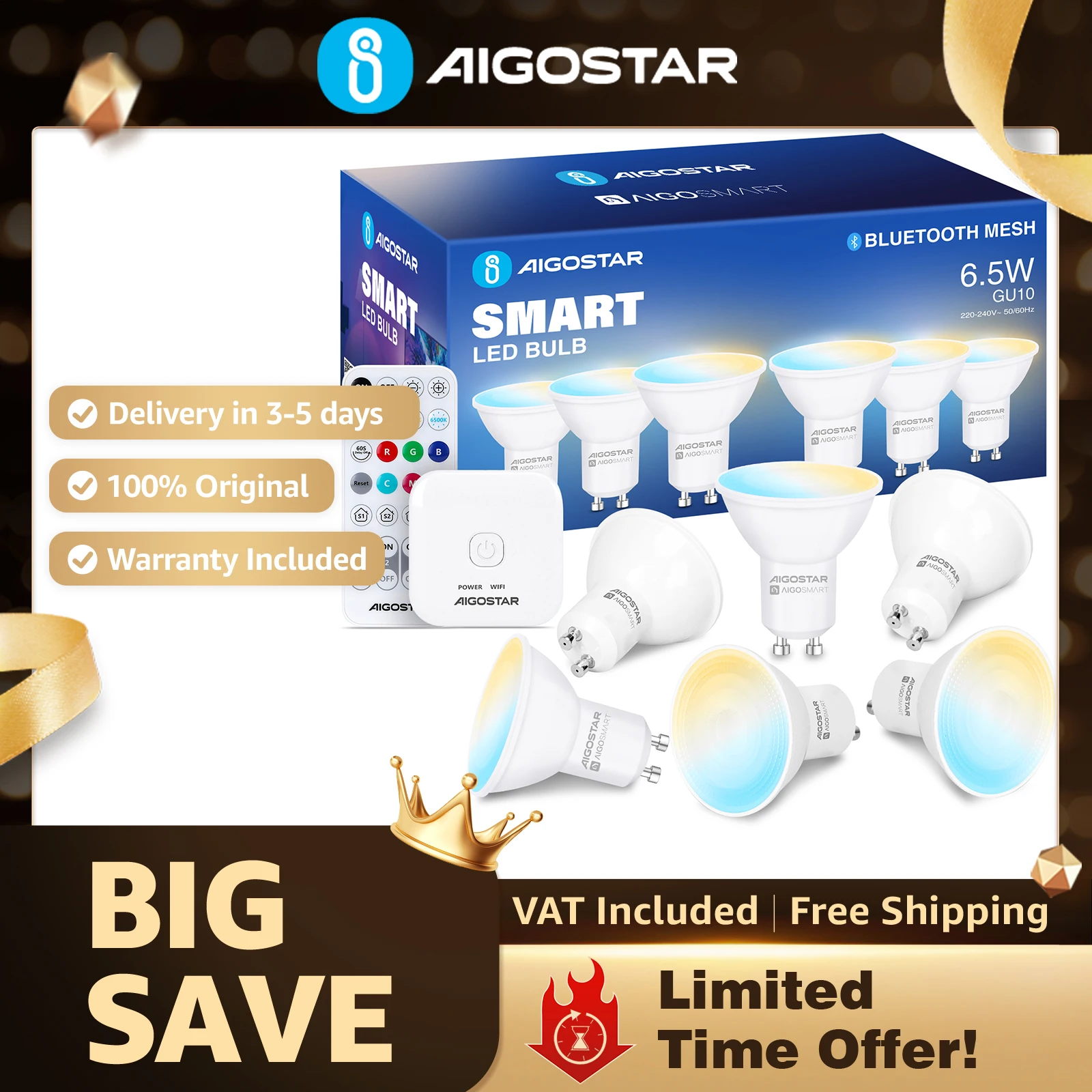 Aigostar Bombilla LED Inteligente GU10 6uds | Bluetooth Mesh, Regulable Cálida/Fría 6.5W 555LM | con Mando y Gateway para Alexa/Google