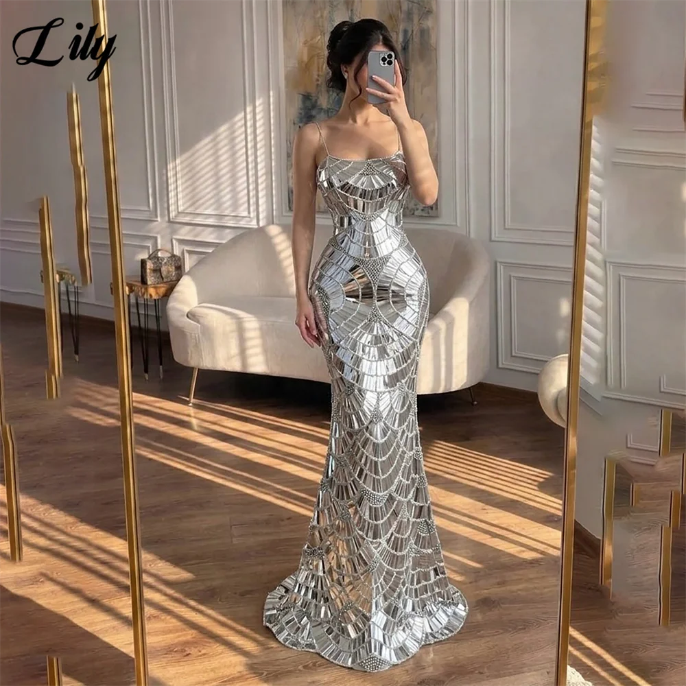 Lily Silver Spaghetti Strap Evening Dress Fan Pattern Sequin Rhinestone Party Dress Mermaid Prom Gown robes du soir Customized