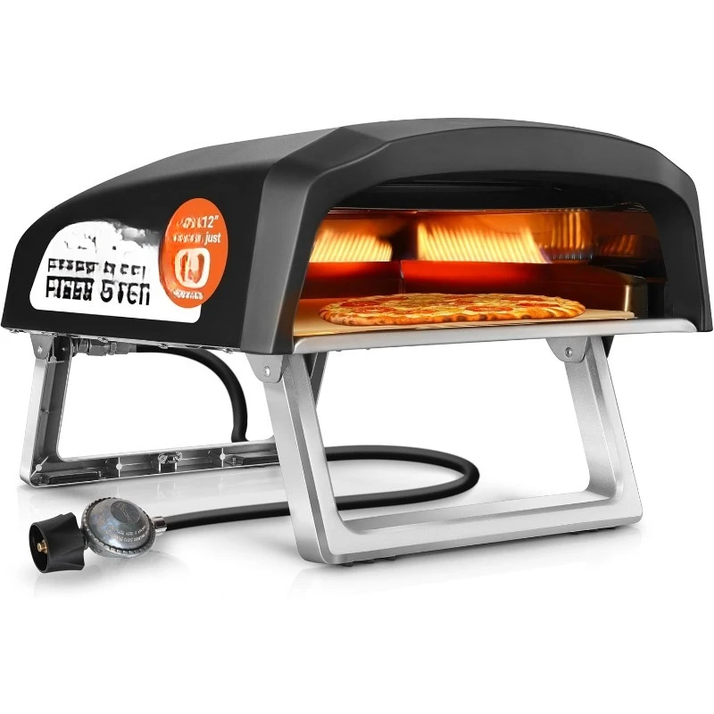 

Portable Outdoor Gas Pizza Oven - Includes Foldable Feet, Adjustable Heat Control Dial, Burner, Stone & Regulator Hose