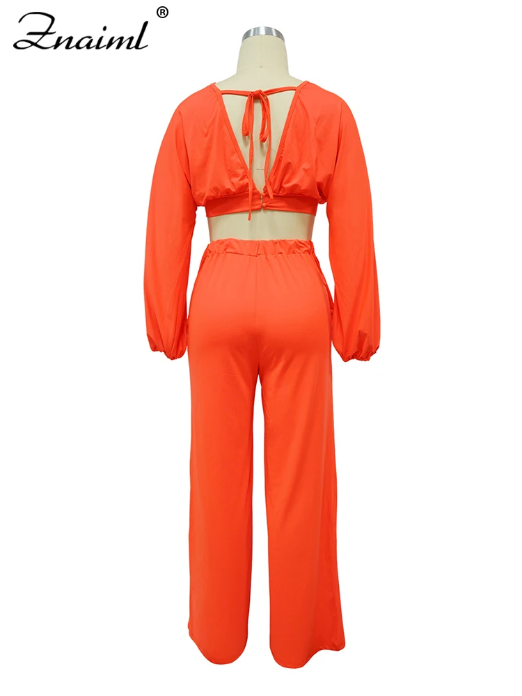 Znaiml Casual Green Two 2 Pieces Wide Leg Pants Sets Women‘s Long Sleeve Deep V-neck Crop Tops and Trousers Birthday Club Outfit
